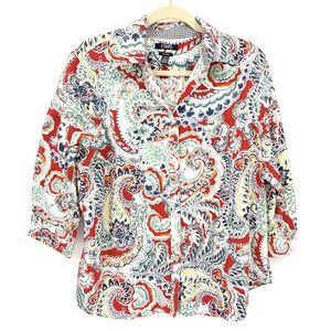 Chaps Womens 1X Paisley Print No Iron Cotton Button Down Shirt Top Preppy Casual